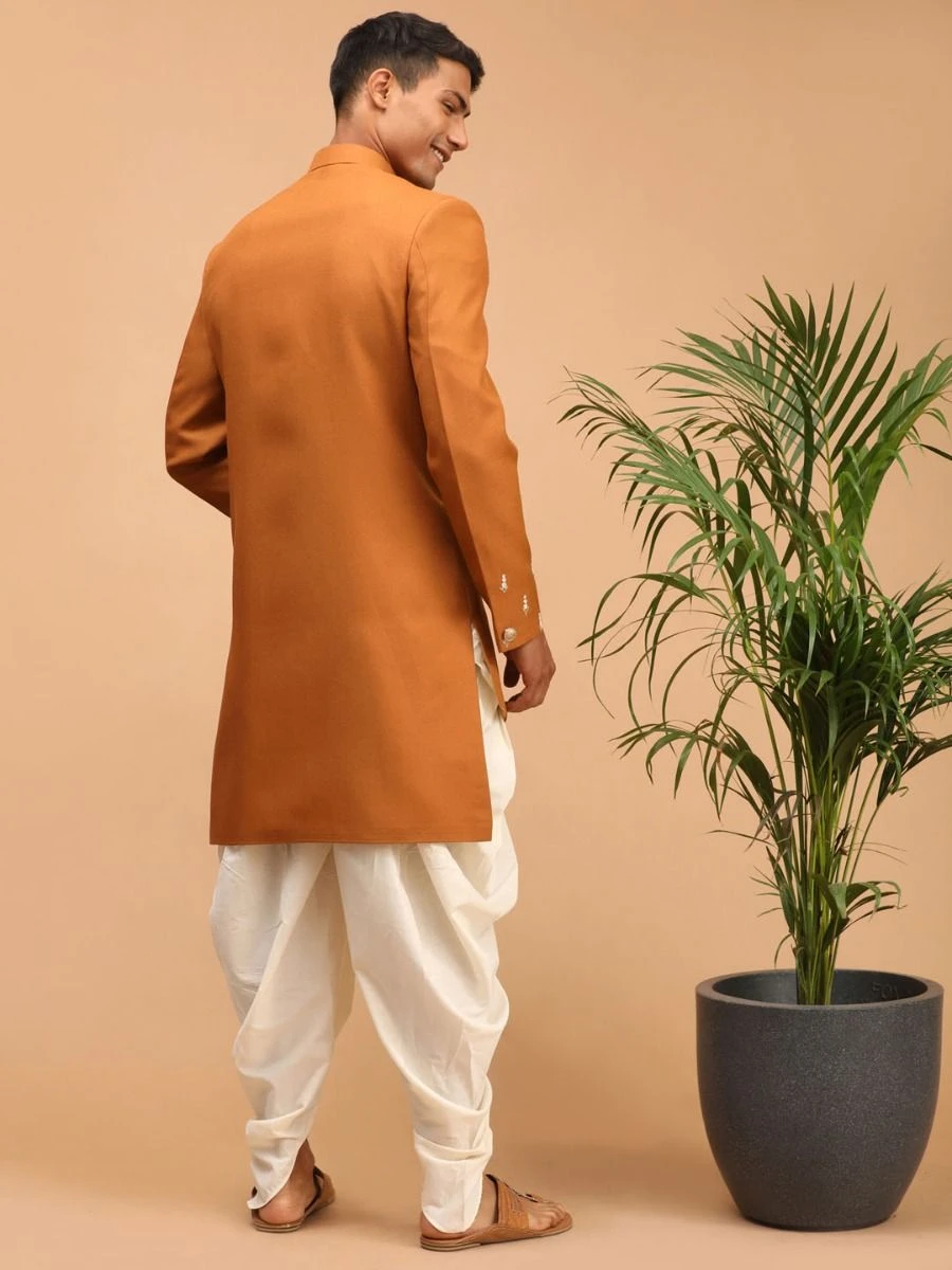 Yellow Embroidered Asymmetric Sherwani With Dhoti 3 Yellow Embroidered Asymmetric Sherwani With Dhoti
