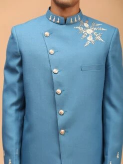 Blue Embroidered Asymmetric Dhoti And Sherwani Set